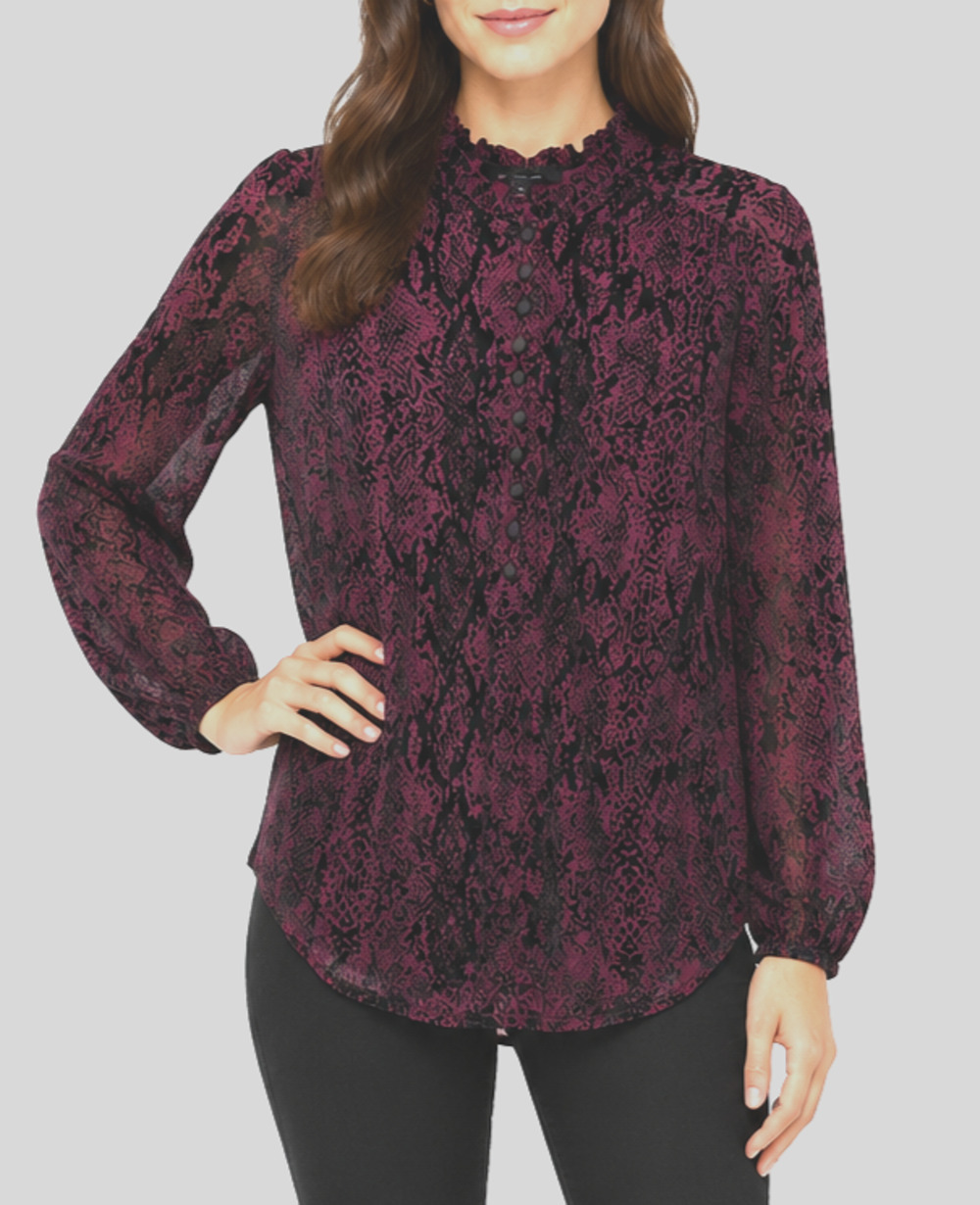 White House Black Market Blouse Small Burgundy Snake Burnout Velvet Ruffle Goth